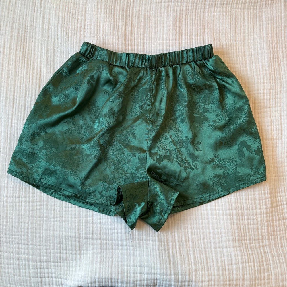 Green Satin Floral Shorts